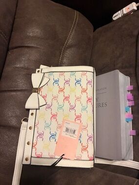 Juicy Couture White Crossbody Clutch with Multicolor Logo Print and Bow